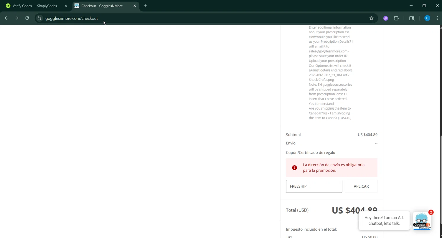 Goggles N More checkout page showing Goggles N More promo code box | Screenshot taken by SimplyCodes community member on Sep 19, 2025
