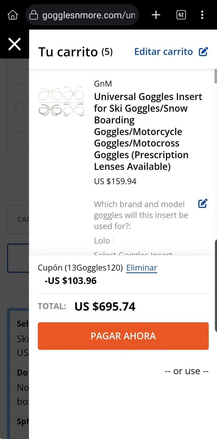 Goggles N More promo code screenshot showing code 13Goggles120 applied at Goggles N More checkout page. Uploaded by SimplyCodes community member Carloslvz on Feb 12, 2025