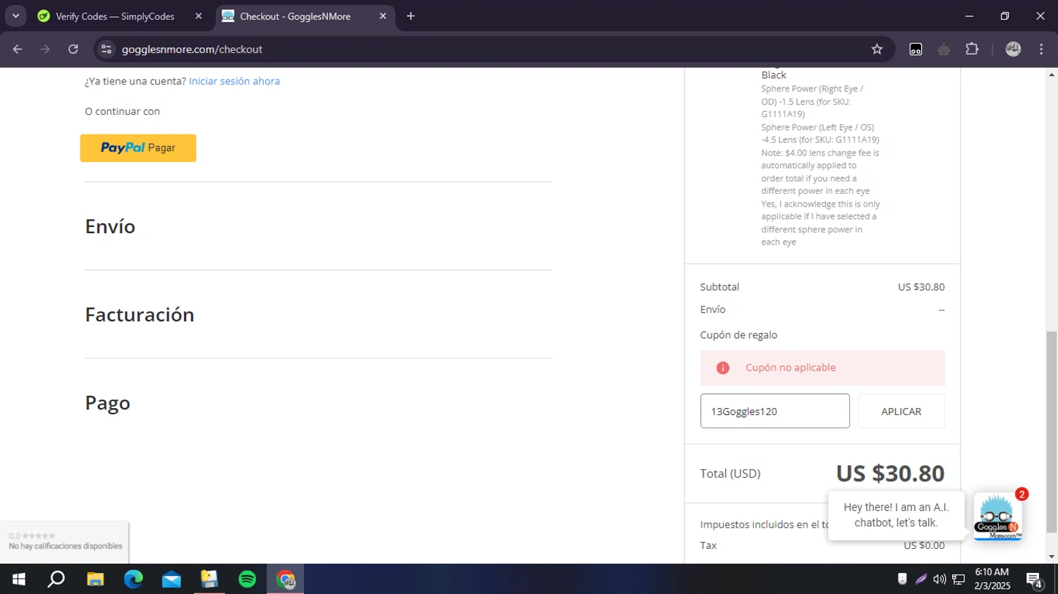 Goggles N More promo code screenshot showing code 13Goggles120 applied at Goggles N More checkout page. Uploaded by SimplyCodes community member fghfgefds2 on Feb 3, 2025