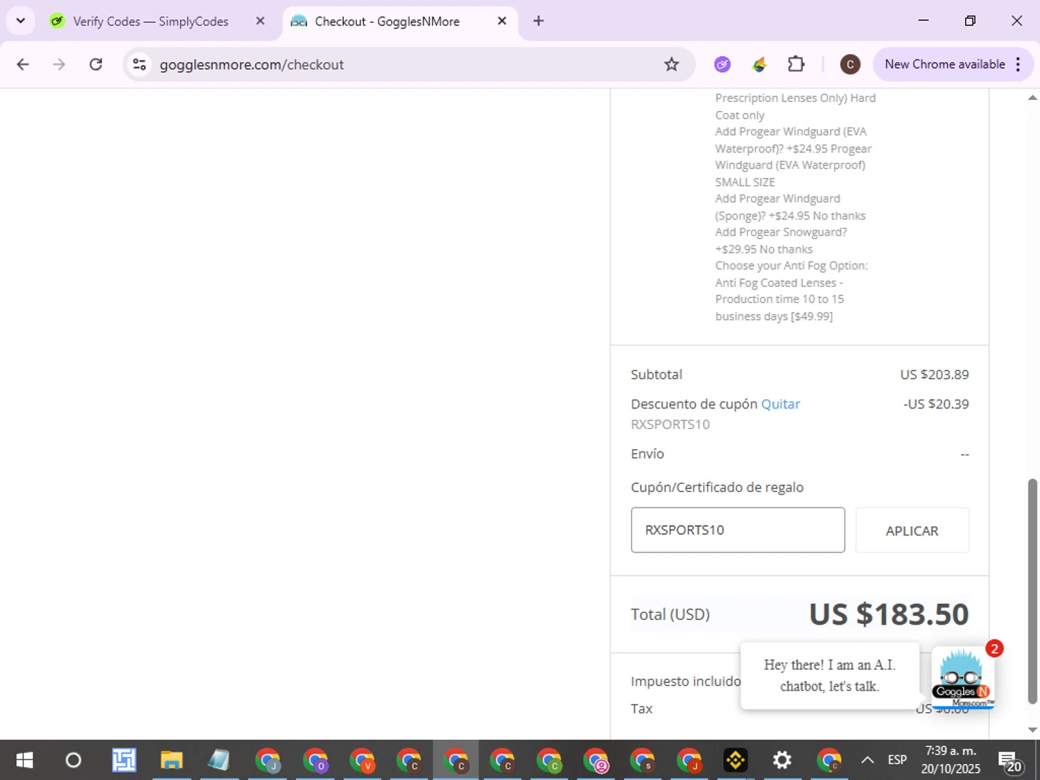 Goggles N More promo code screenshot showing code RXSPORTS10 applied at Goggles N More checkout page. Uploaded by SimplyCodes community member ExtraordinaryPro8536 on Oct 20, 2025