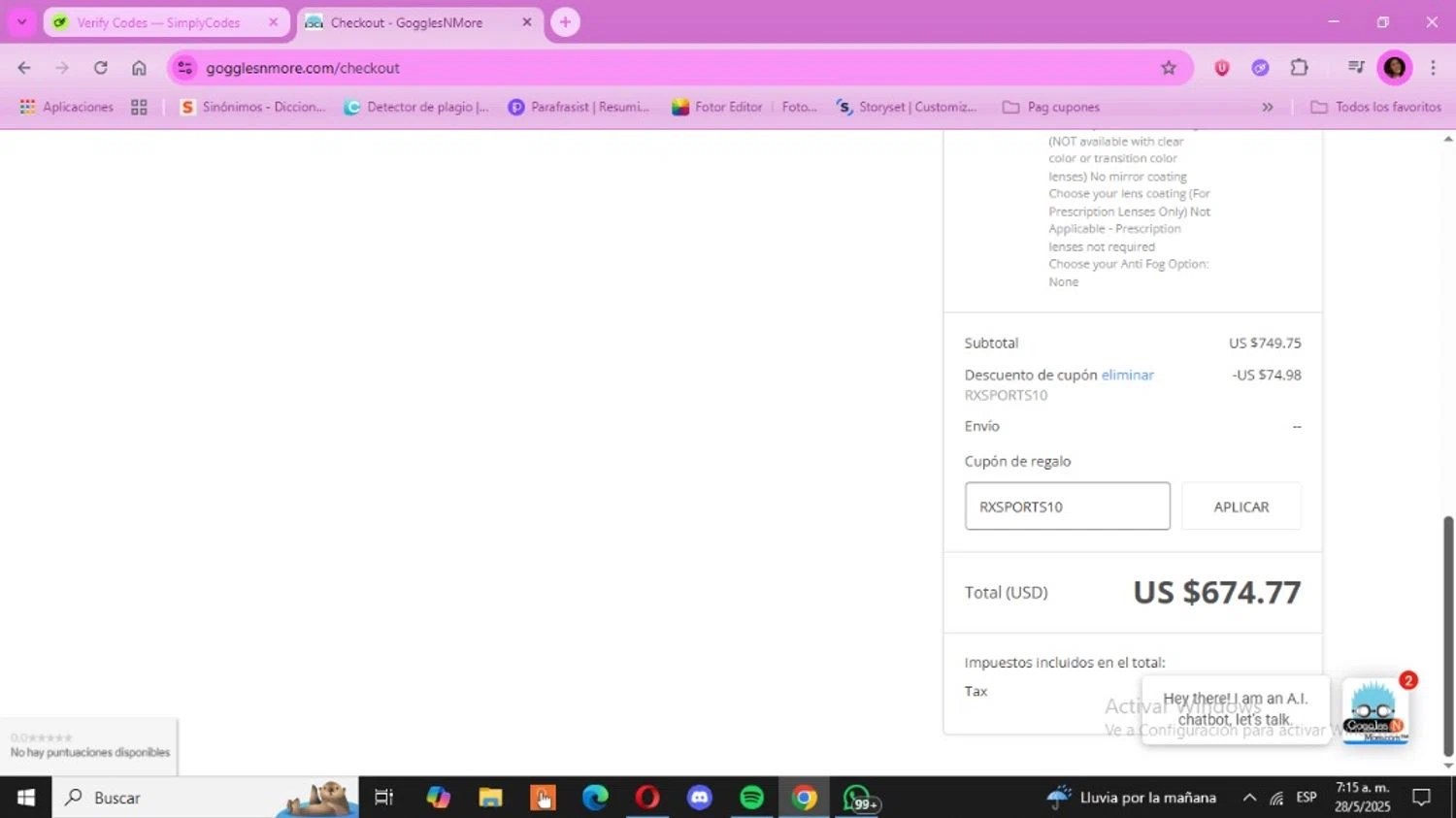 Goggles N More promo code screenshot showing code RXSPORTS10 applied at Goggles N More checkout page. Uploaded by SimplyCodes community member GoldHunter7700 on May 28, 2025