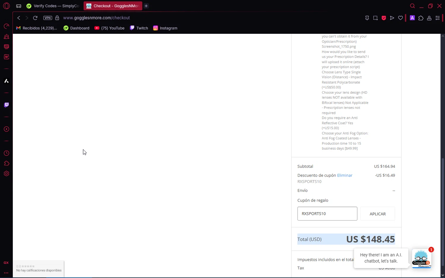 Goggles N More promo code screenshot showing code RXSPORTS10 applied at Goggles N More checkout page. Uploaded by SimplyCodes community member editor_1 on Jul 25, 2025