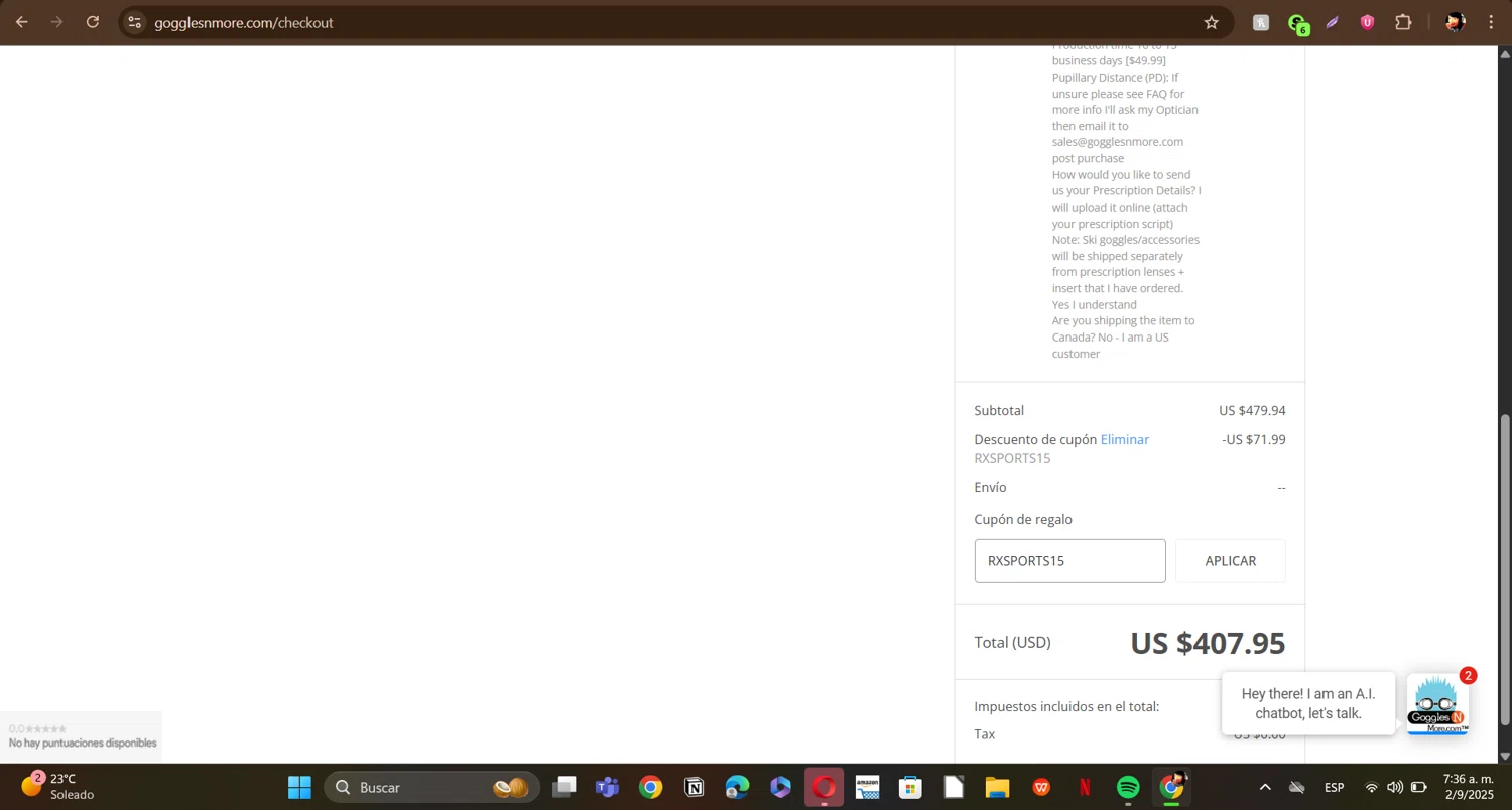 Goggles N More promo code screenshot showing code RXSPORTS15 applied at Goggles N More checkout page. Uploaded by SimplyCodes community member ERI0810 on Sep 2, 2025