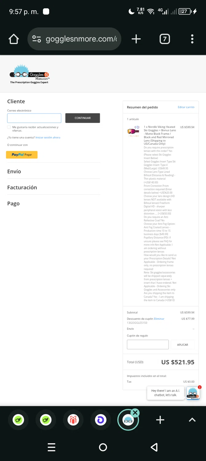 Goggles N More promo code screenshot showing code 13GOGGLES150 applied at Goggles N More checkout page. Uploaded by SimplyCodes community member Eltoro20 on Oct 29, 2025