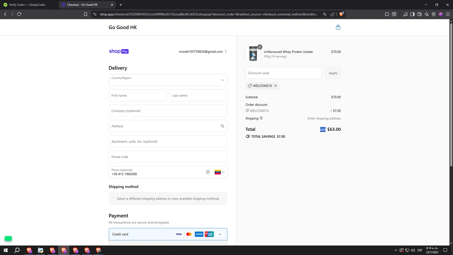 Go Good discount code screenshot showing code WELCOME10 applied at Go Good checkout page. Uploaded by SimplyCodes community member aaaaaaaaaaaaaaaa on Jul 23, 2025