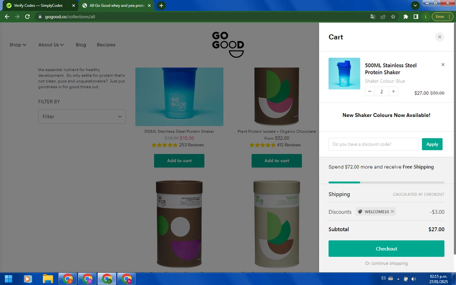 Go Good discount code screenshot showing code WELCOME10 applied at Go Good checkout page. Uploaded by SimplyCodes community member VictoriousAdmiral801 on Jan 27, 2025