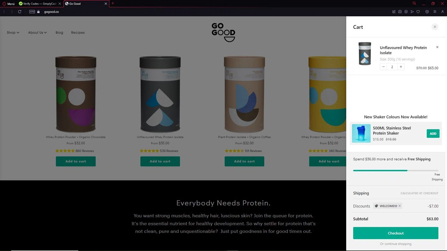 Go Good discount code screenshot showing code WELCOME10 applied at Go Good checkout page. Uploaded by SimplyCodes community member NobleSaver8091 on Mar 24, 2025