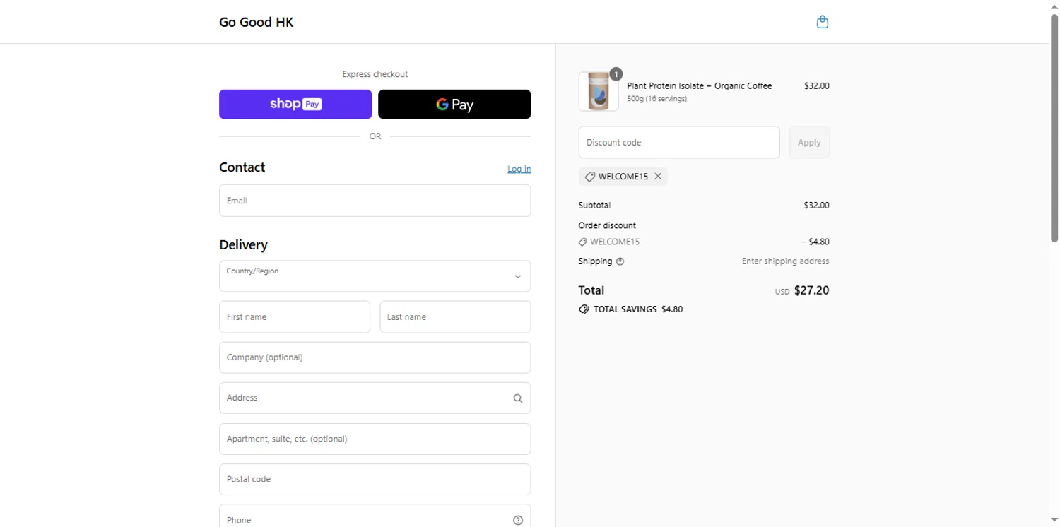 Go Good discount code screenshot showing code WELCOME15 applied at Go Good checkout page. Uploaded by SimplyCodes community member the_loose_cannon on Aug 9, 2025