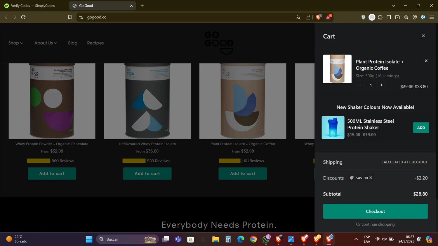 Go Good discount code screenshot showing code SAVE10 applied at Go Good checkout page. Uploaded by SimplyCodes community member DealAdmiral5466 on Mar 24, 2025