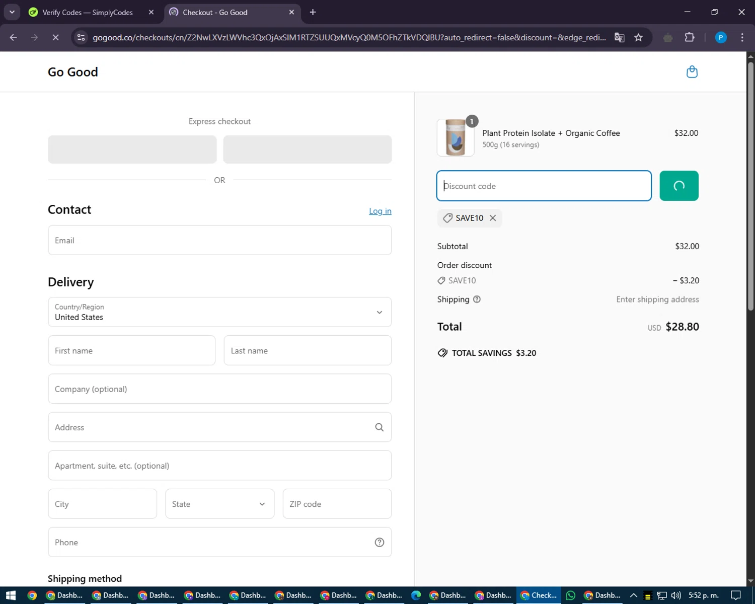 Go Good discount code screenshot showing code SAVE10 applied at Go Good checkout page. Uploaded by SimplyCodes community member juiceWRLD on Apr 18, 2025