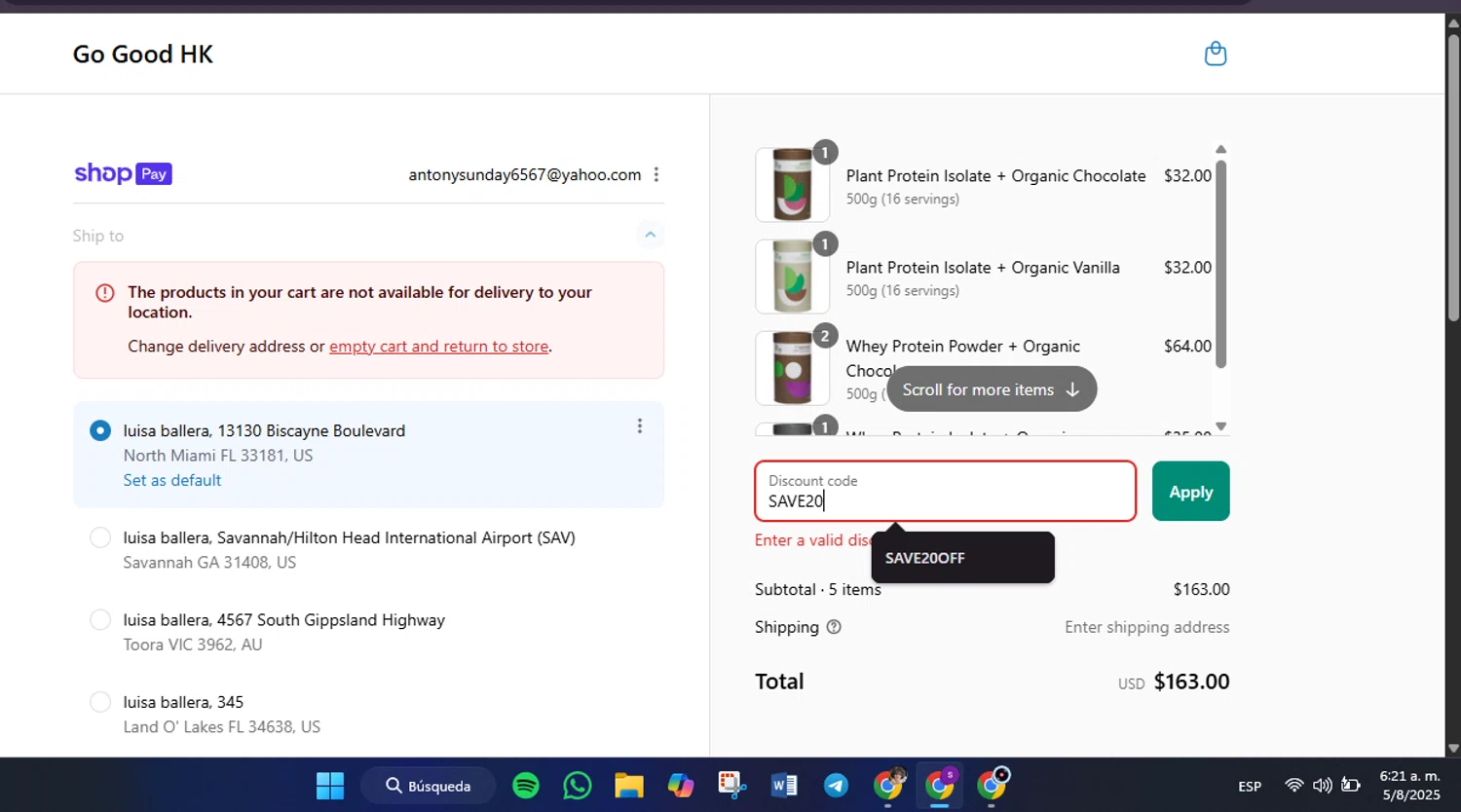 Go Good discount code screenshot showing code SAVE20 applied at Go Good checkout page. Uploaded by SimplyCodes community member Lamadama on Aug 5, 2025
