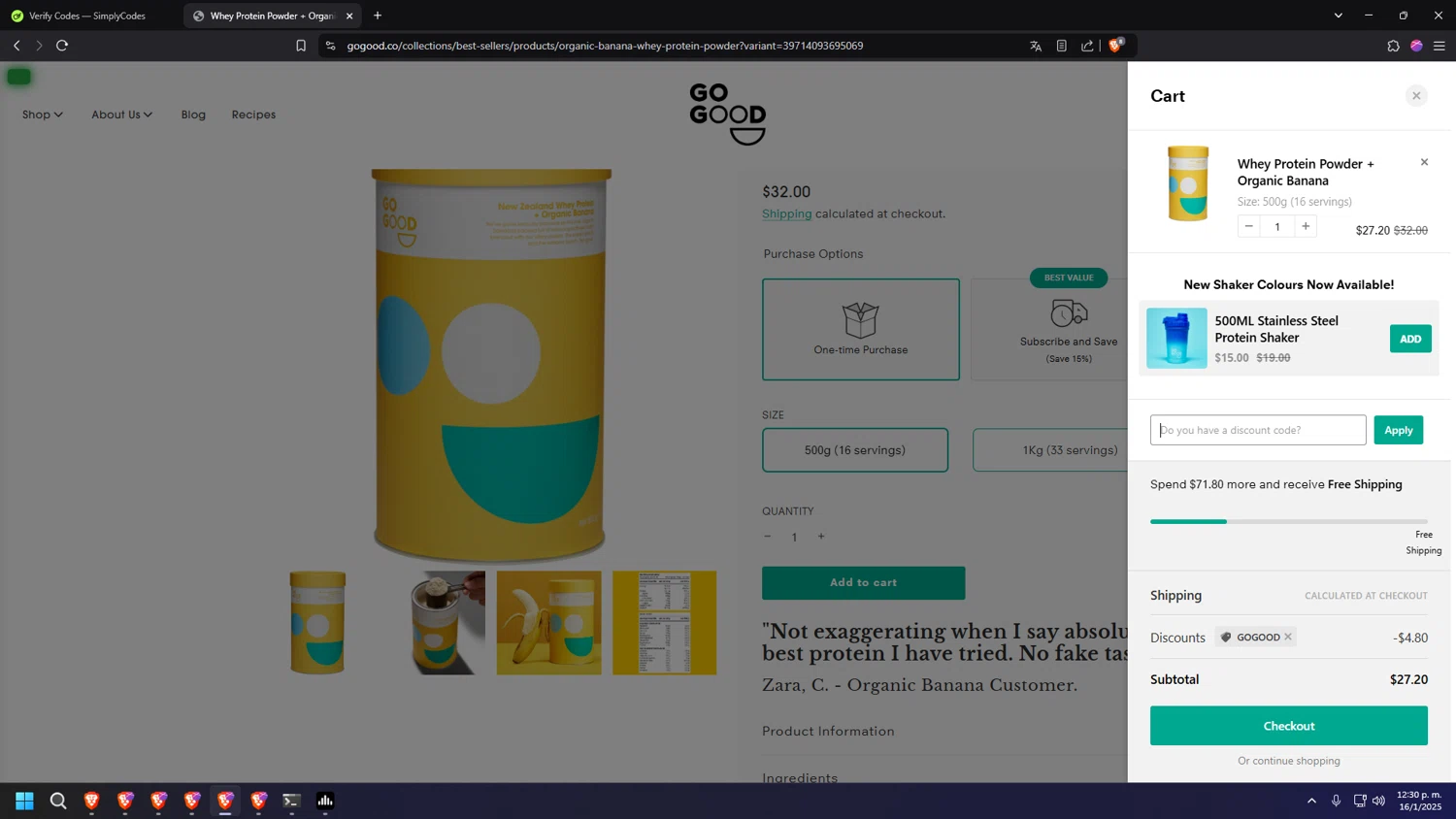 Go Good discount code screenshot showing code GOGOOD applied at Go Good checkout page. Uploaded by SimplyCodes community member CouponElite4658 on Jan 16, 2025