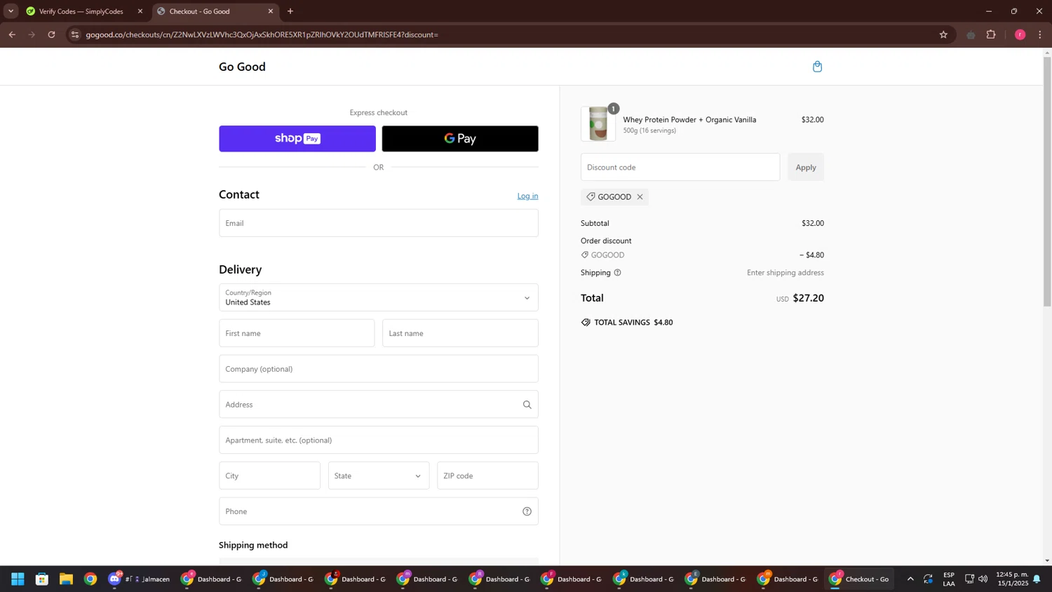Go Good discount code screenshot showing code GOGOOD applied at Go Good checkout page. Uploaded by SimplyCodes community member CouponSage7331 on Jan 15, 2025
