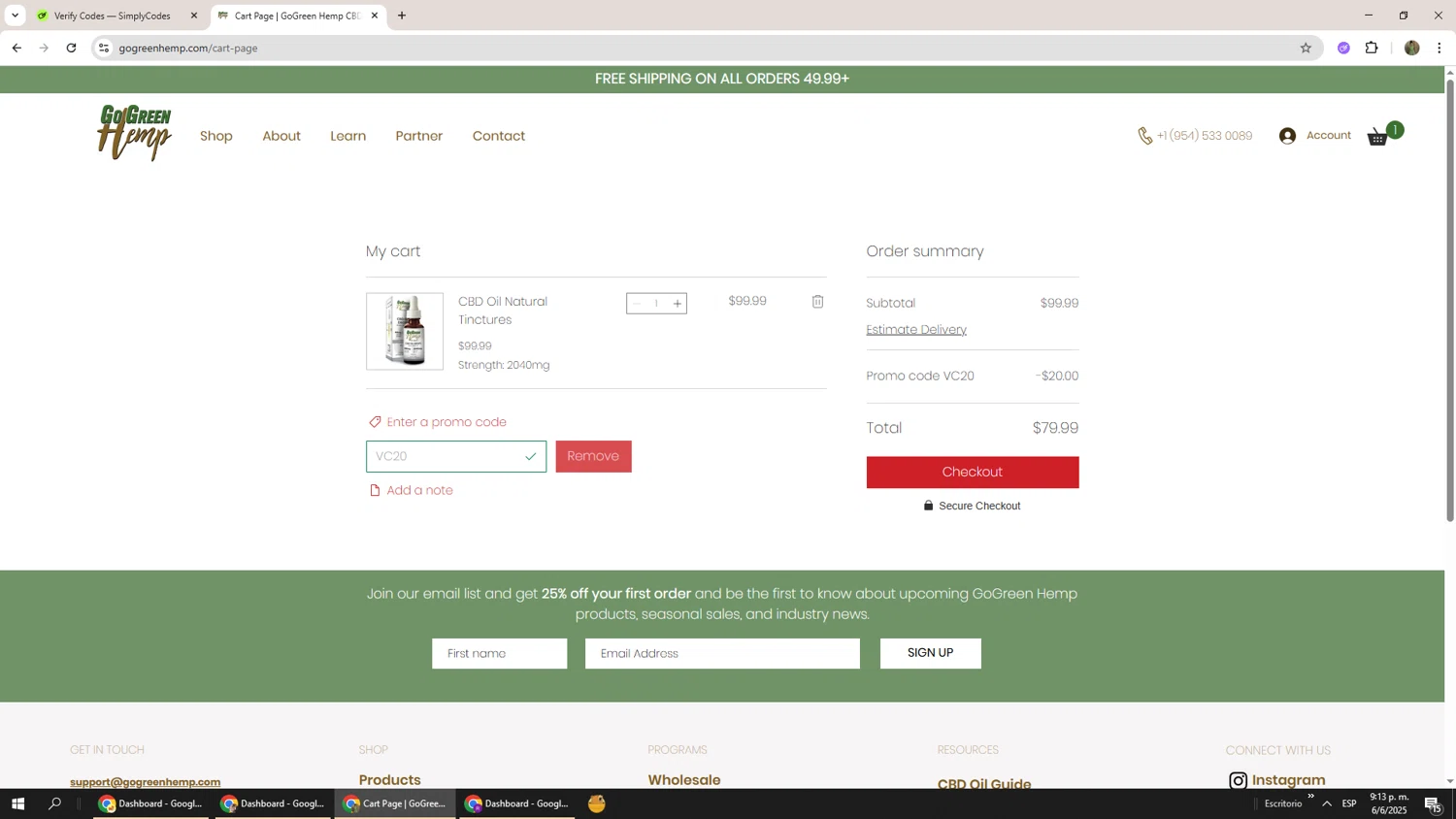 GoGreen Hemp promo code screenshot showing code VC20 applied at GoGreen Hemp checkout page. Uploaded by SimplyCodes community member Phoenix585 on Jun 7, 2025