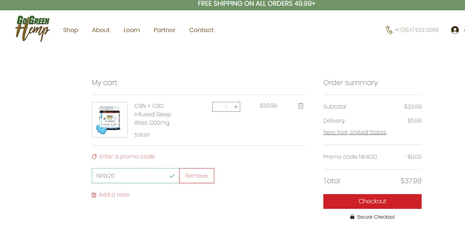 GoGreen Hemp promo code screenshot showing code NEW20 applied at GoGreen Hemp checkout page. Uploaded by SimplyCodes community member Francisco on Jan 21, 2025