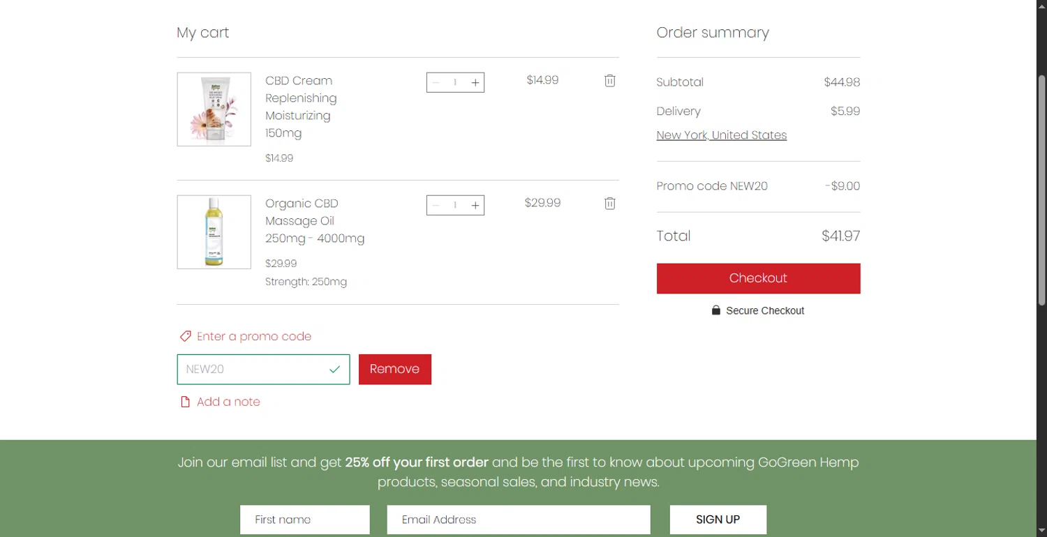 GoGreen Hemp promo code screenshot showing code NEW20 applied at GoGreen Hemp checkout page. Uploaded by SimplyCodes community member SavvyHawk1474 on Jun 7, 2025