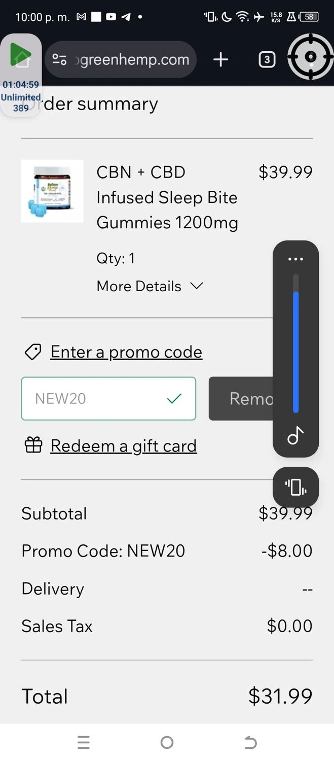 GoGreen Hemp promo code screenshot showing code NEW20 applied at GoGreen Hemp checkout page. Uploaded by SimplyCodes community member ValueSage7369 on Jun 7, 2025
