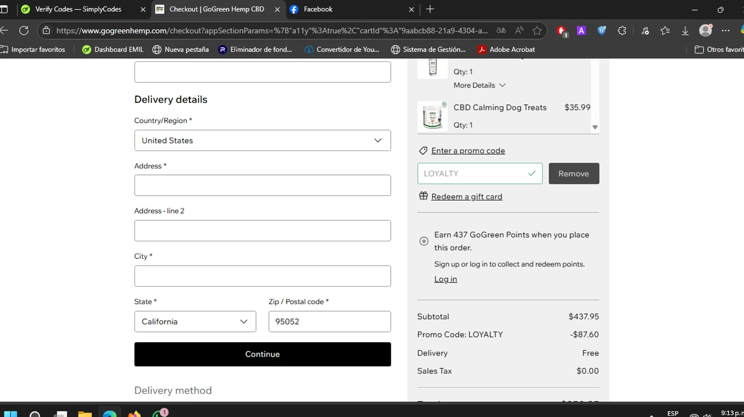 GoGreen Hemp promo code screenshot showing code LOYALTY applied at GoGreen Hemp checkout page. Uploaded by SimplyCodes community member EJL_MIQUILENA on Jun 7, 2025