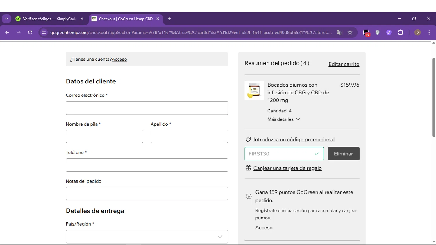 GoGreen Hemp promo code screenshot showing code FIRST30 applied at GoGreen Hemp checkout page. Uploaded by SimplyCodes community member CHITO777 on Jun 7, 2025