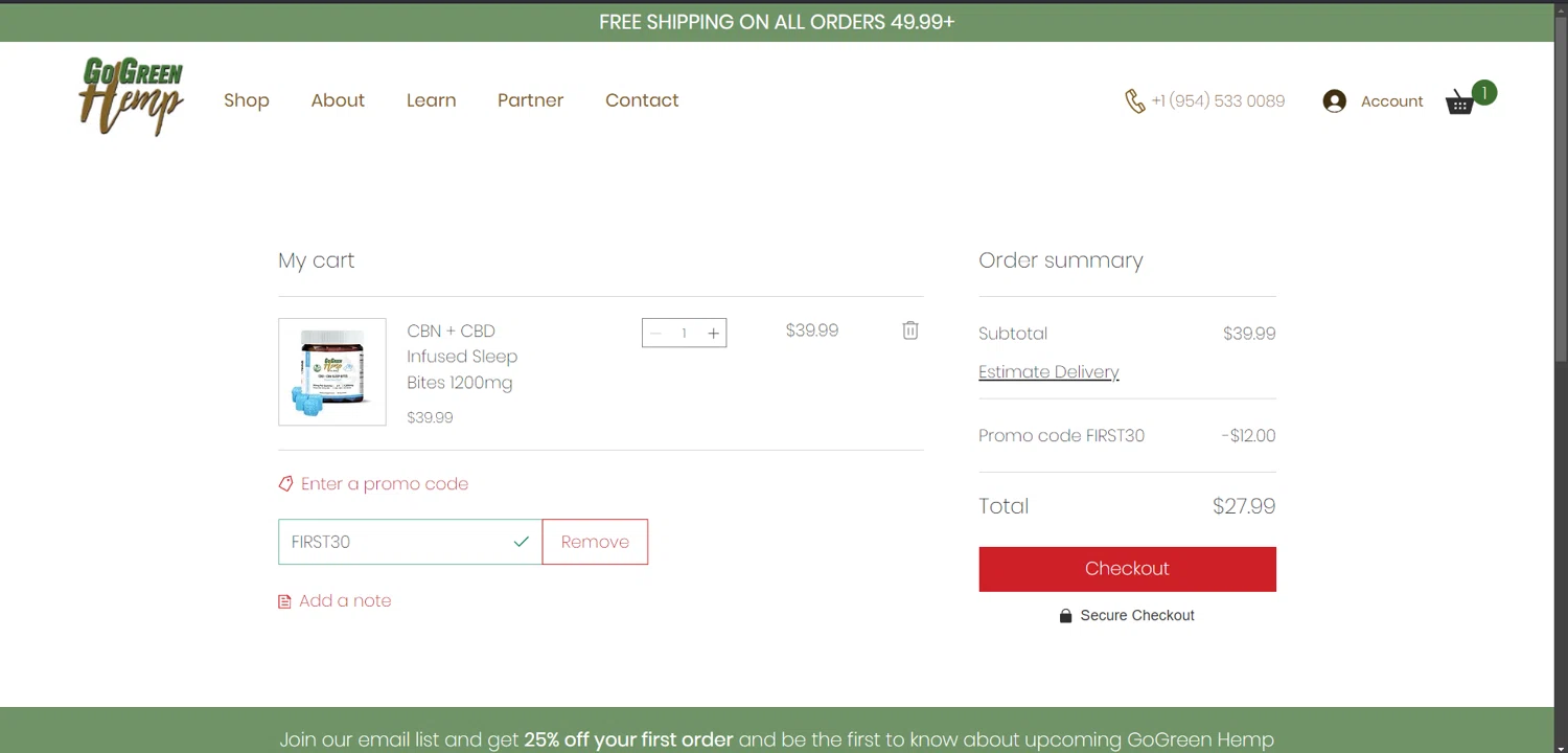GoGreen Hemp promo code screenshot showing code FIRST30 applied at GoGreen Hemp checkout page. Uploaded by SimplyCodes community member zzzzzzza on Mar 7, 2025