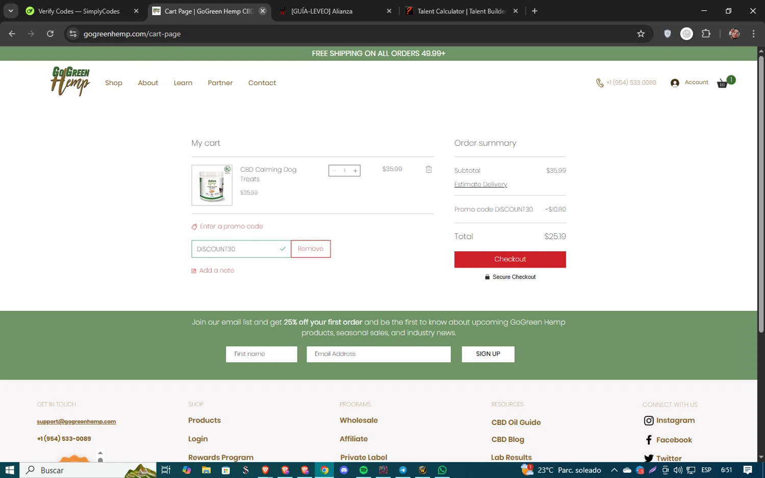 GoGreen Hemp promo code screenshot showing code DISCOUNT30 applied at GoGreen Hemp checkout page. Uploaded by SimplyCodes community member 61451681 on Apr 18, 2025
