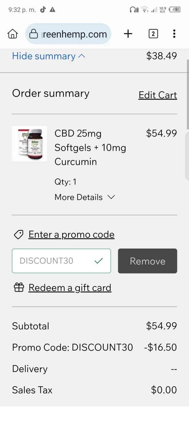 GoGreen Hemp promo code screenshot showing code DISCOUNT30 applied at GoGreen Hemp checkout page. Uploaded by SimplyCodes community member bauxita on Jun 7, 2025