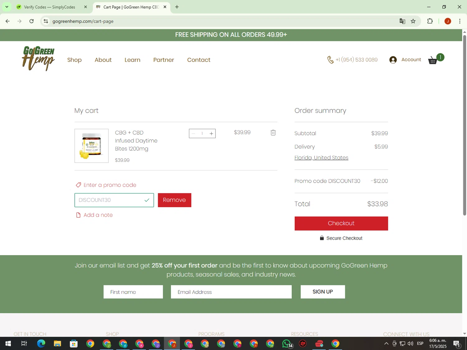 GoGreen Hemp promo code screenshot showing code DISCOUNT30 applied at GoGreen Hemp checkout page. Uploaded by SimplyCodes community member KimDokja on May 17, 2025