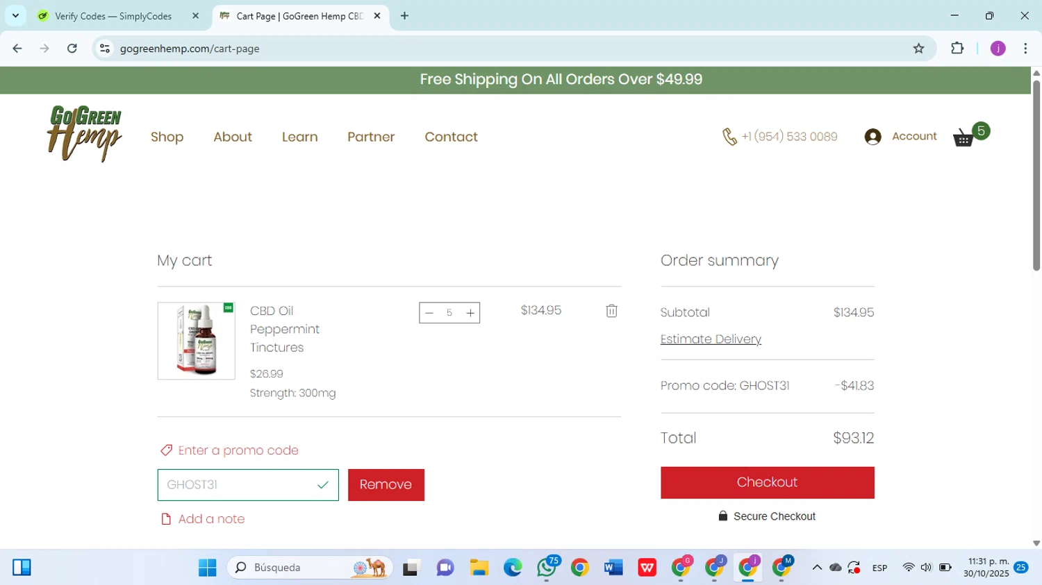 GoGreen Hemp checkout page showing GoGreen Hemp promo code box | Screenshot taken by SimplyCodes community member on Oct 31, 2025