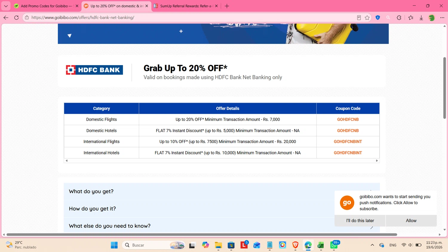 Goibibo promo code screenshot showing code GOHDFCNBINT applied at Goibibo checkout page. Uploaded by SimplyCodes community member cosita on Jun 20, 2026