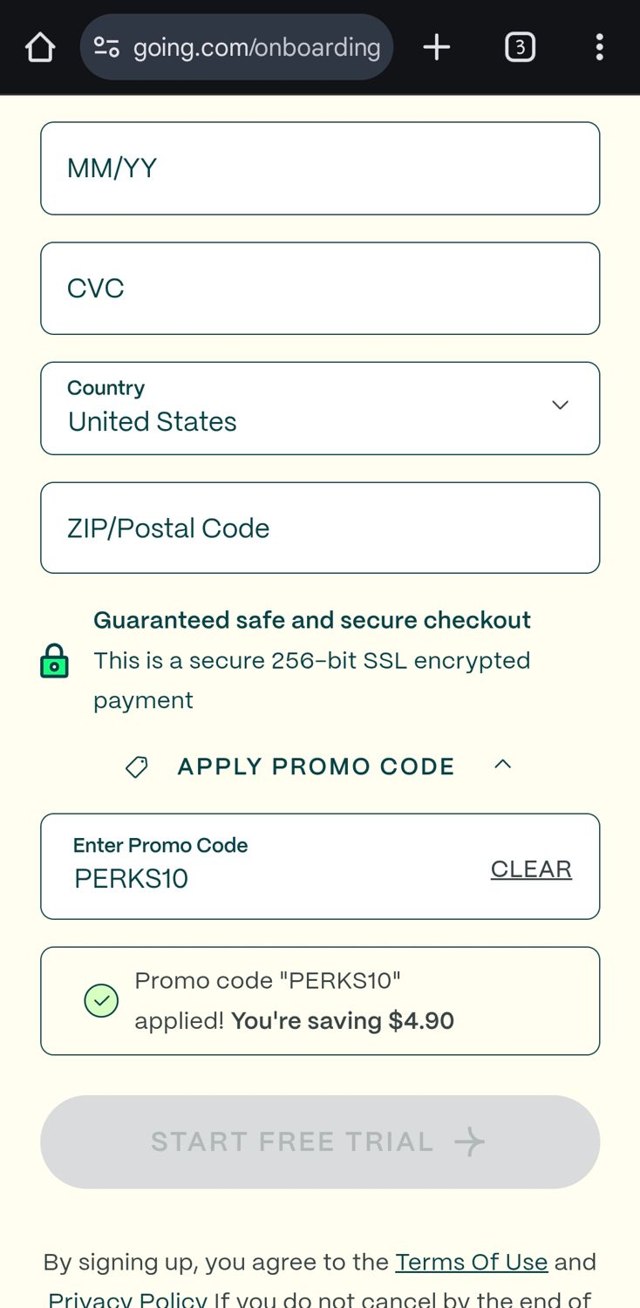 Going checkout page showing Going promo code box | Screenshot taken by SimplyCodes community member on May 28, 2025
