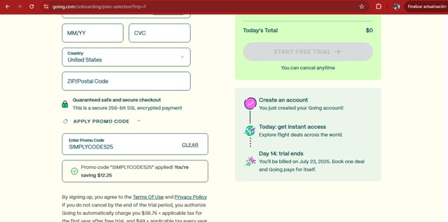 Going checkout page showing Going promo code box | Screenshot taken by SimplyCodes community member on Jul 10, 2025