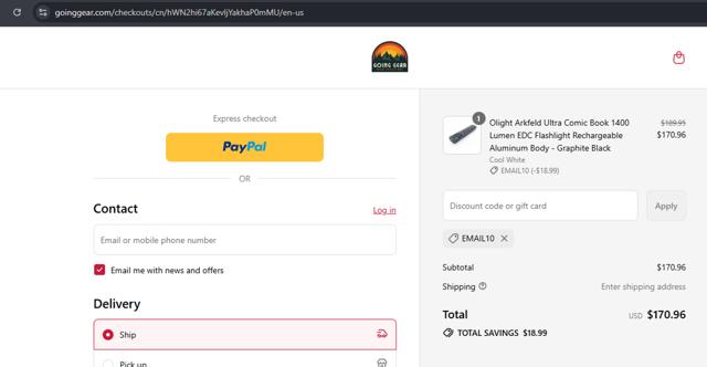 Going Gear checkout page showing Going Gear discount code box | Screenshot taken by SimplyCodes community member on Sep 7, 2025