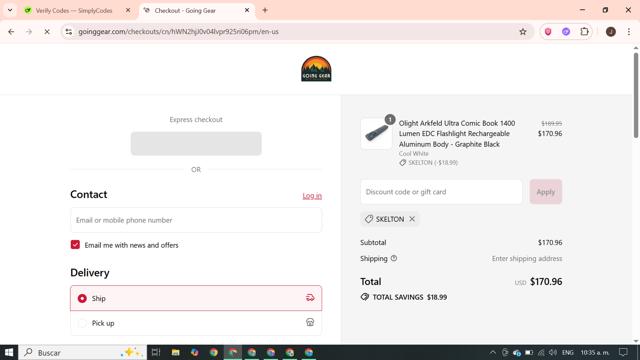 Going Gear checkout page showing Going Gear discount code box | Screenshot taken by SimplyCodes community member on Sep 7, 2025