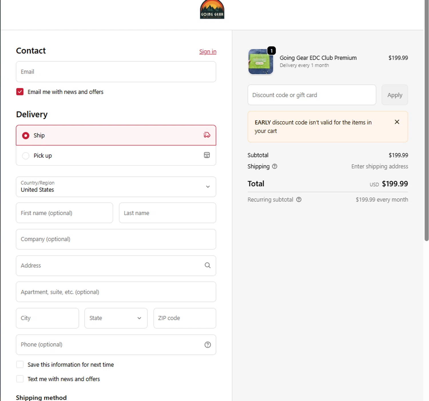 Going Gear promo code screenshot showing code EARLY applied at Going Gear checkout page. Uploaded by SimplyCodes community member Frionel_Pessi on Jan 11, 2026