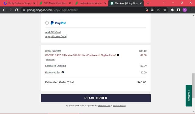 Going Going Gone checkout page showing Going Going Gone promo code box | Screenshot taken by SimplyCodes community member on Sep 17, 2022
