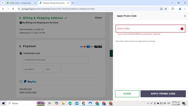 Going Going Gone checkout page showing Going Going Gone promo code box | Screenshot taken by SimplyCodes community member on Dec 31, 2024