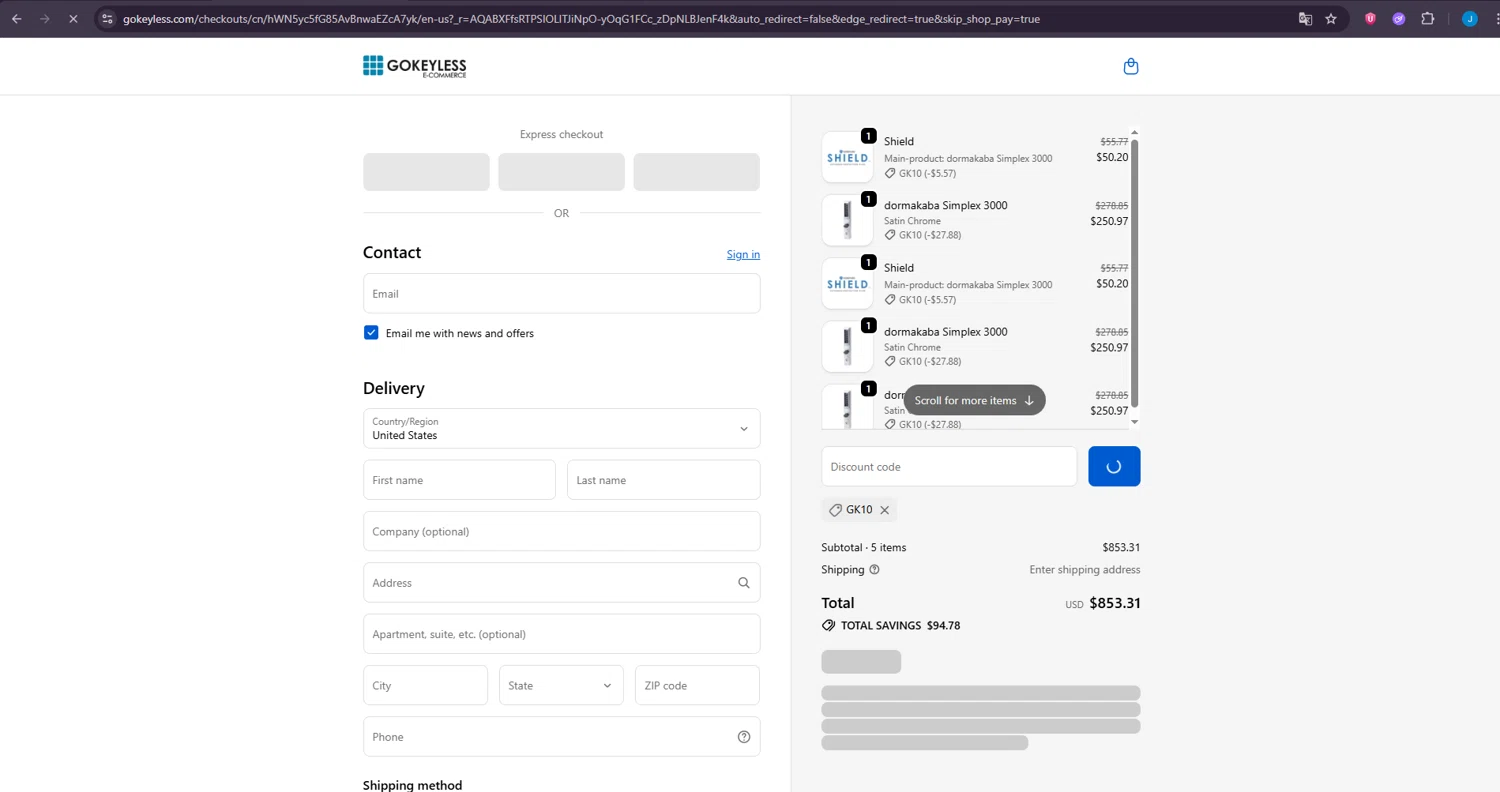 GoKeyless promo code screenshot showing code GK10 applied at GoKeyless checkout page. Uploaded by SimplyCodes community member LuckyDefender4135 on Dec 2, 2025