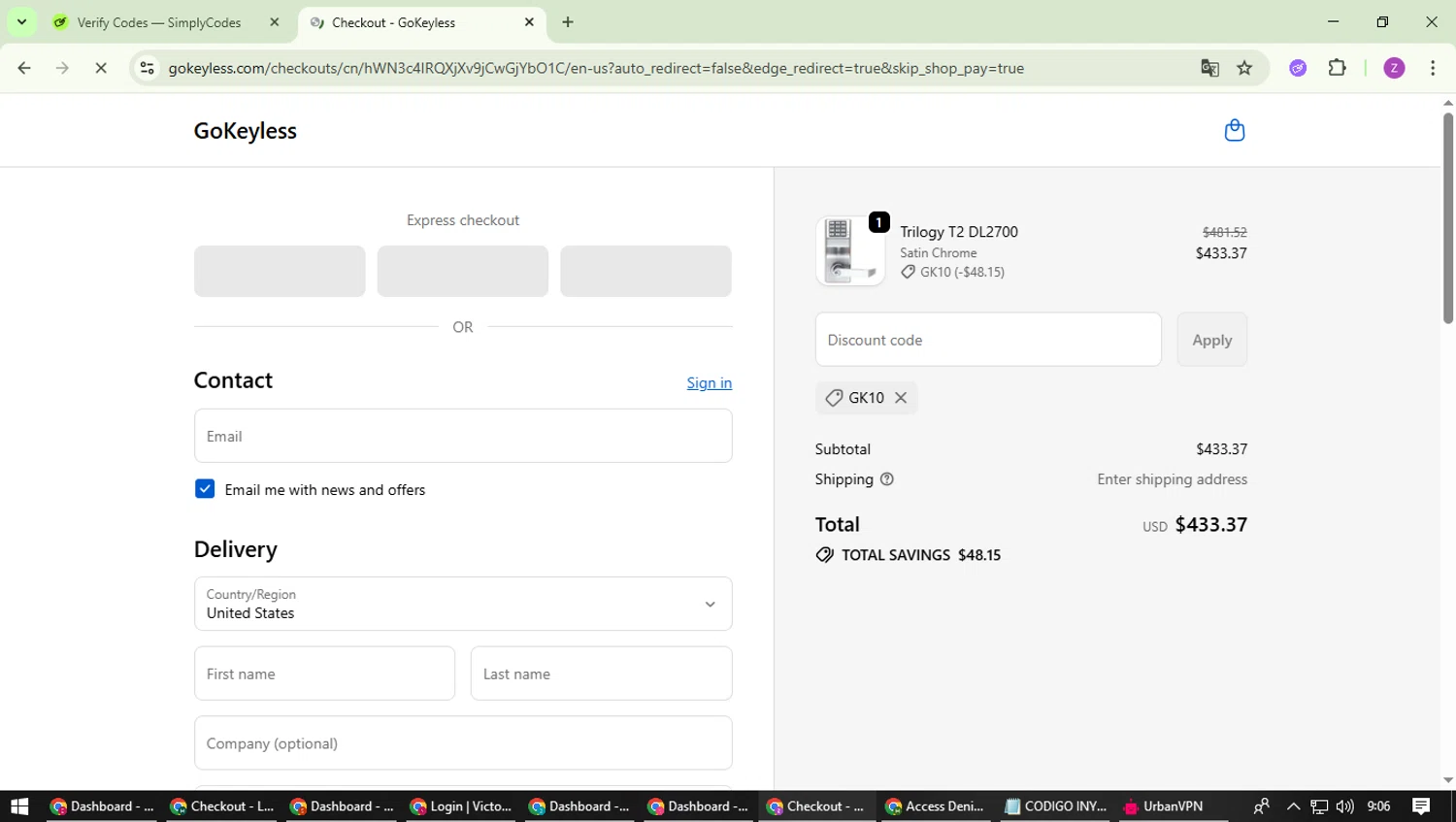 GoKeyless promo code screenshot showing code GK10 applied at GoKeyless checkout page. Uploaded by SimplyCodes community member ValiantFinder3275 on Oct 1, 2025