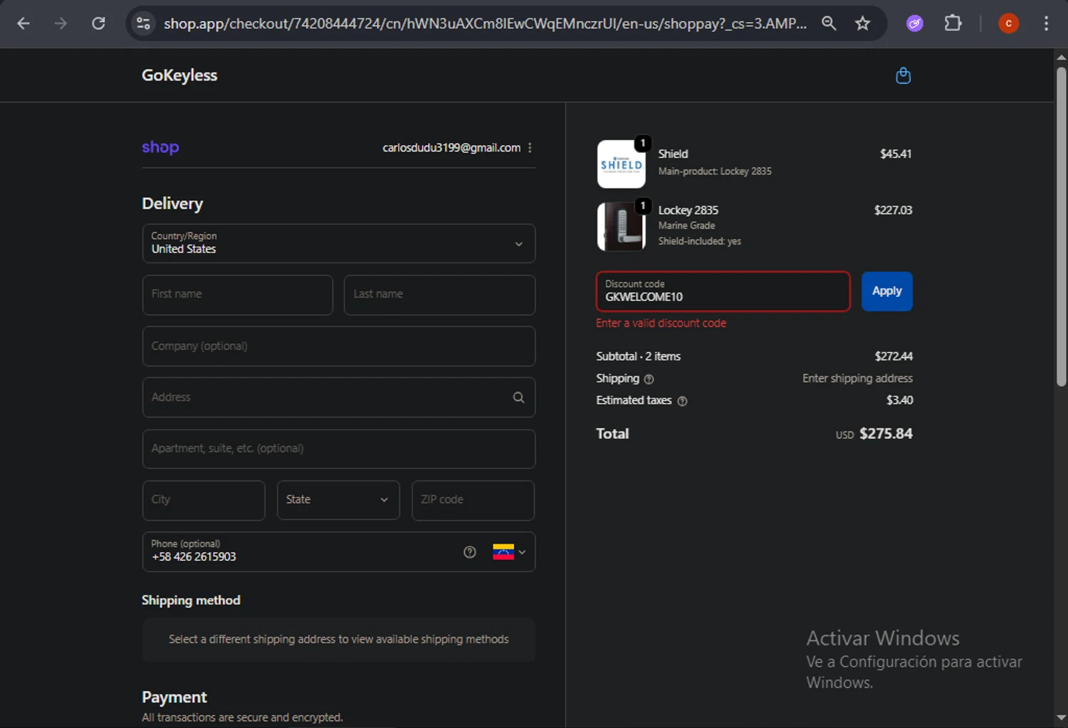 GoKeyless promo code screenshot showing code GKWELCOME10 applied at GoKeyless checkout page. Uploaded by SimplyCodes community member CashSage6731 on Oct 9, 2025
