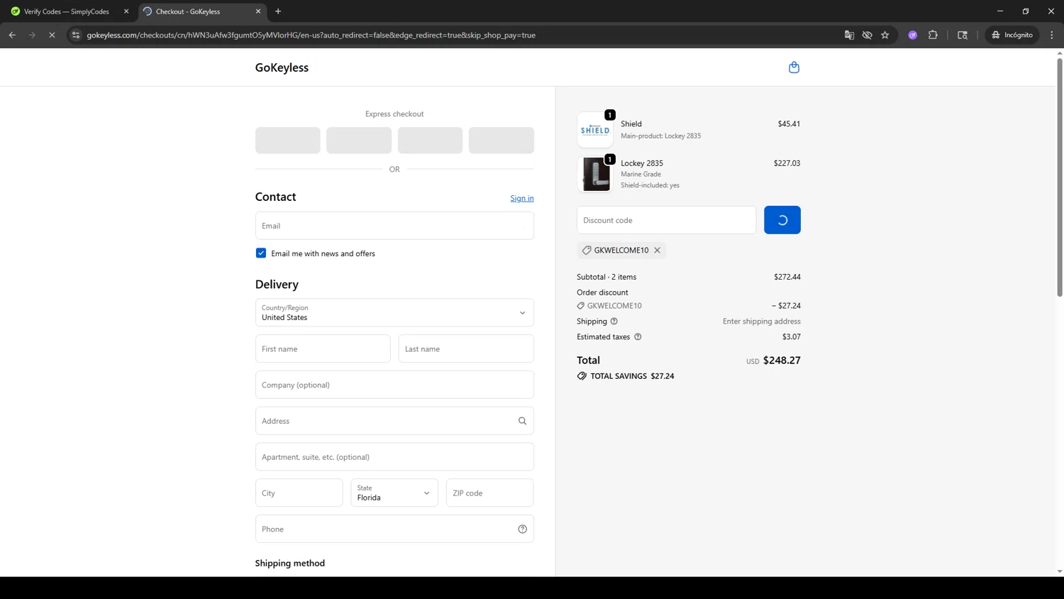 GoKeyless promo code screenshot showing code GKWELCOME10 applied at GoKeyless checkout page. Uploaded by SimplyCodes community member TOROREX250 on Oct 9, 2025