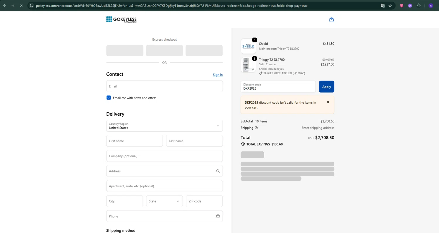 GoKeyless promo code screenshot showing code DKP2025 applied at GoKeyless checkout page. Uploaded by SimplyCodes community member ShrewdShopper154 on Dec 3, 2025