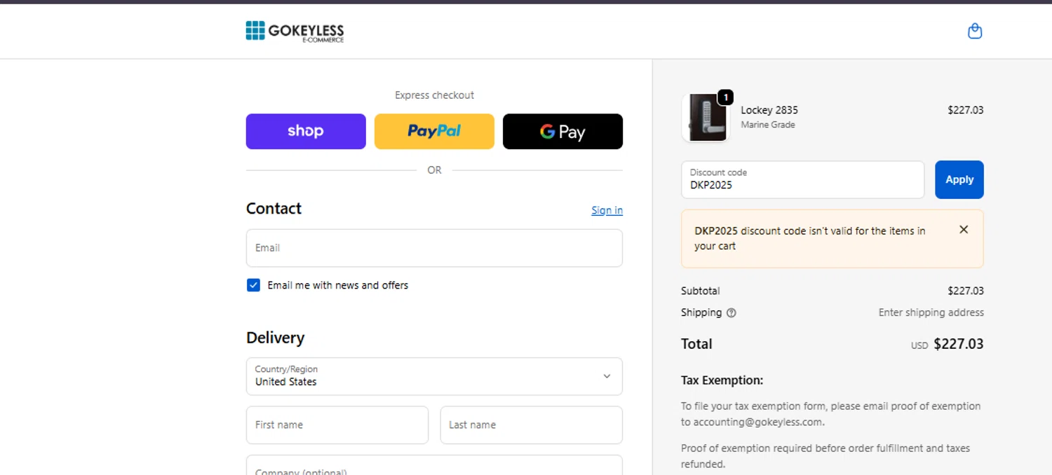GoKeyless promo code screenshot showing code DKP2025 applied at GoKeyless checkout page. Uploaded by SimplyCodes community member ashe1986 on Dec 3, 2025