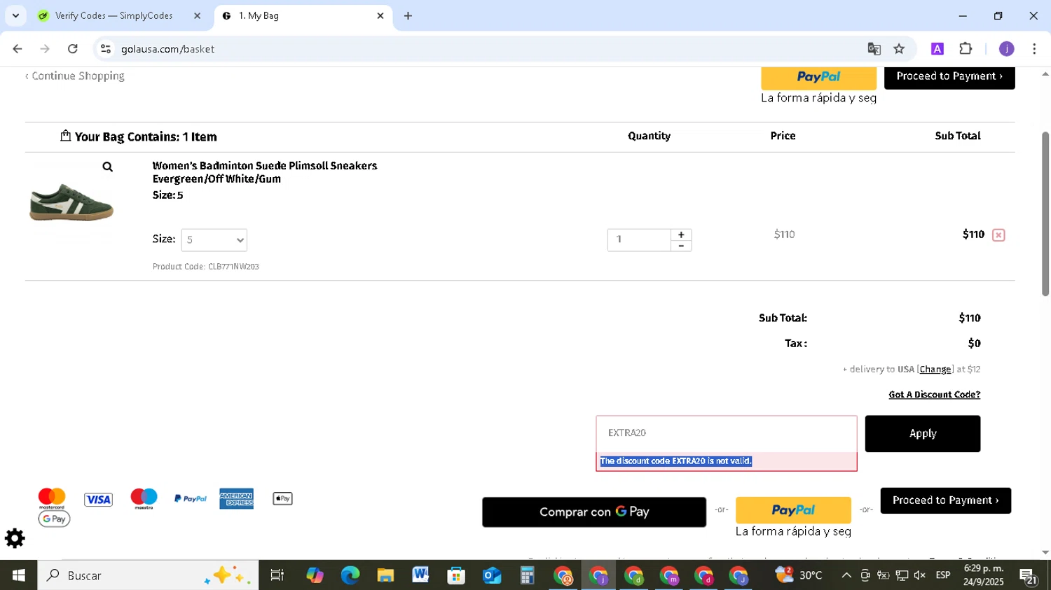 Gola discount code screenshot showing code EXTRA20 applied at Gola checkout page. Uploaded by SimplyCodes community member TAZ2024 on Sep 24, 2025
