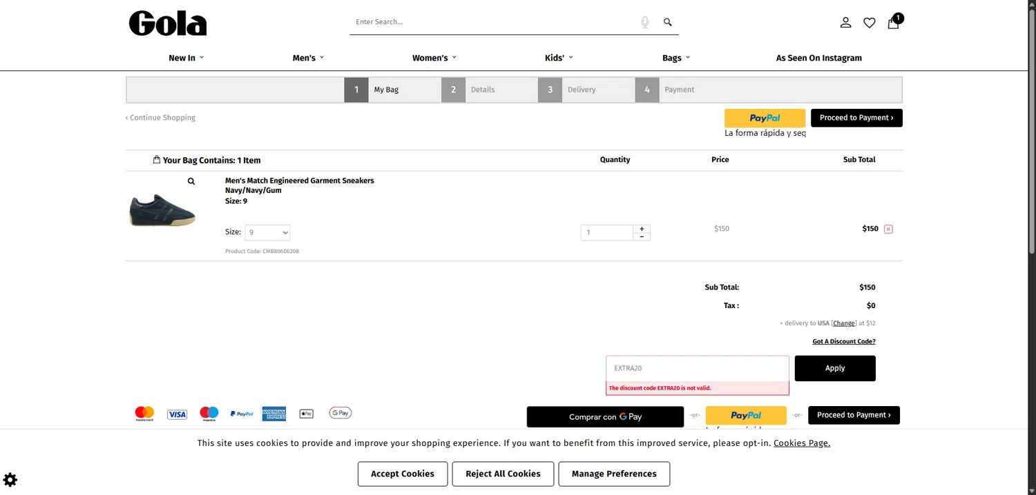 Gola discount code screenshot showing code EXTRA20 applied at Gola checkout page. Uploaded by SimplyCodes community member TokenCollector1268 on Sep 24, 2025