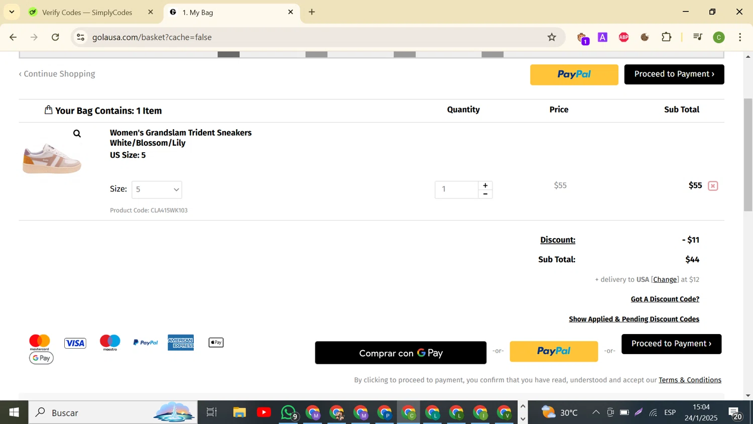 Gola checkout page showing Gola discount code box | Screenshot taken by SimplyCodes community member on Jan 24, 2025