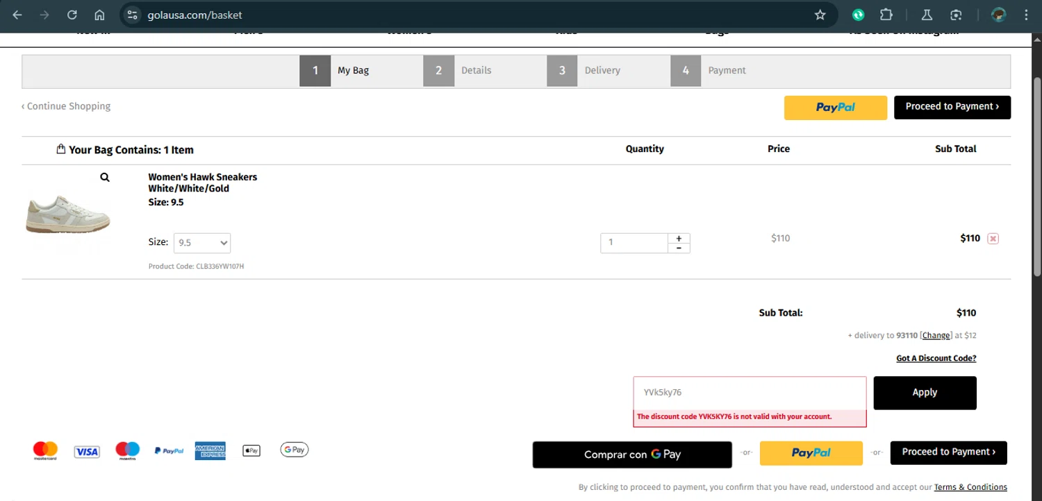 Gola discount code screenshot showing code YVk5ky76 applied at Gola checkout page. Uploaded by SimplyCodes community member MariaCorinaMachado on Feb 16, 2025