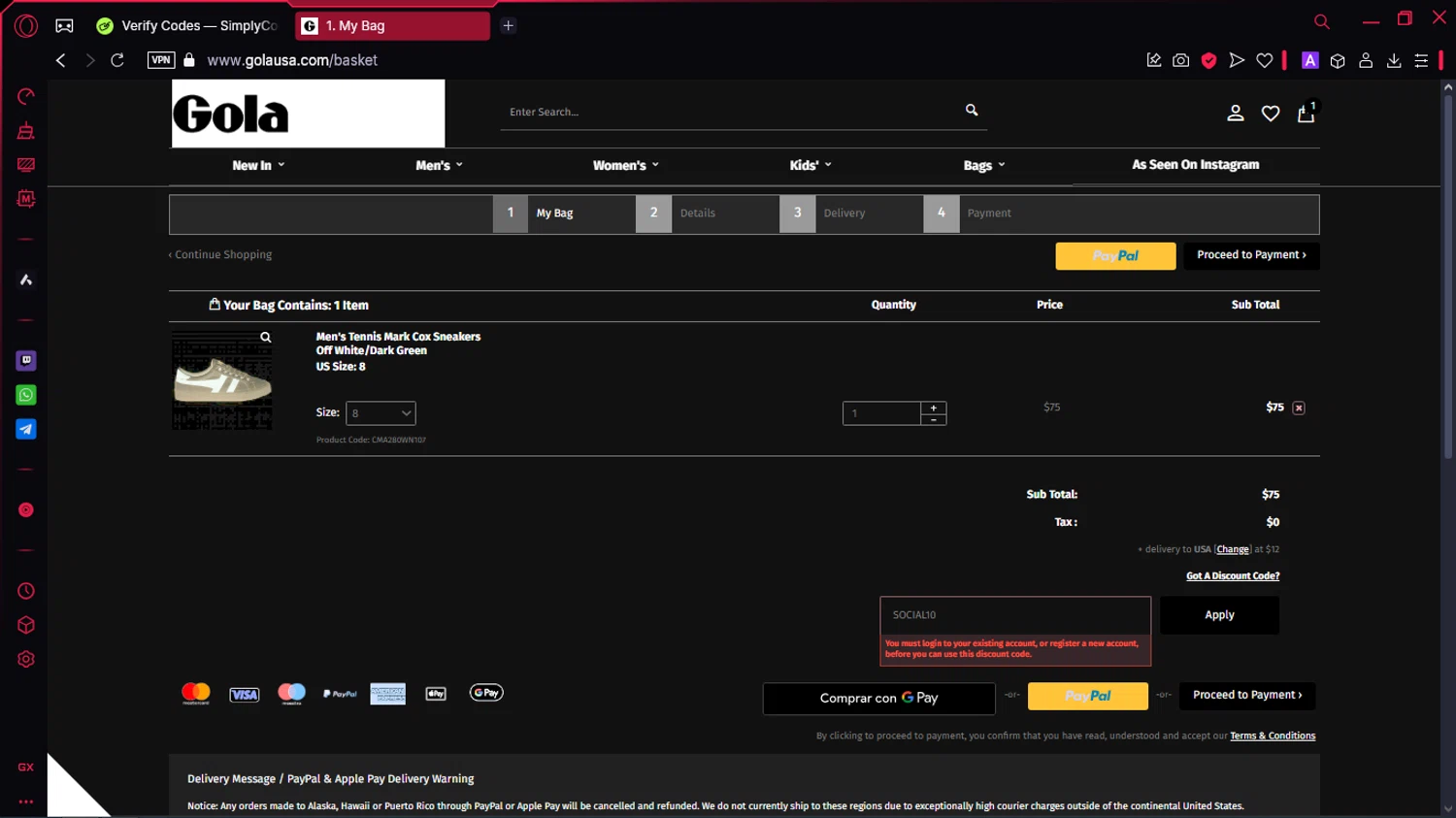 Gola discount code screenshot showing code SOCIAL10 applied at Gola checkout page. Uploaded by SimplyCodes community member McLovin on Mar 23, 2025