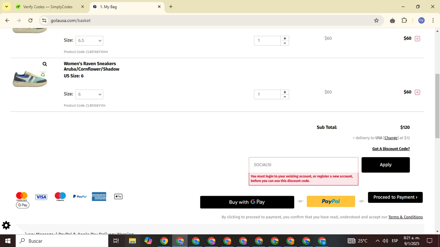 Gola checkout page showing Gola discount code box | Screenshot taken by SimplyCodes community member on Jan 9, 2025