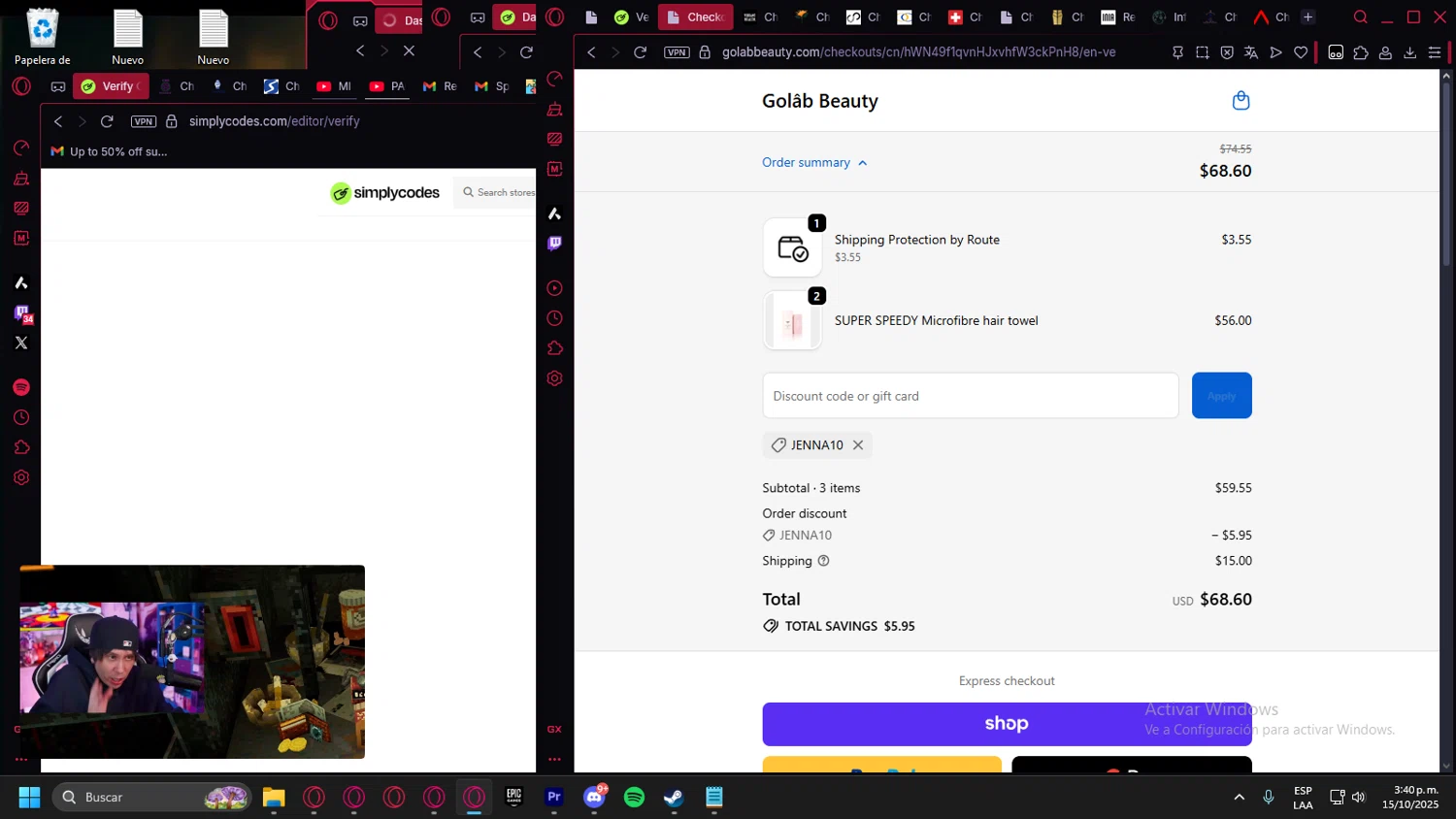 Golab Beauty discount code screenshot showing code JENNA10 applied at Golab Beauty checkout page. Uploaded by SimplyCodes community member Handivlak on Oct 15, 2025