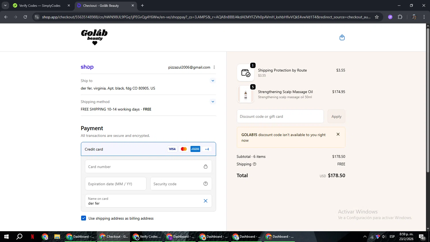 Golab Beauty checkout page showing Golab Beauty discount code box | Screenshot taken by SimplyCodes community member on Feb 24, 2026